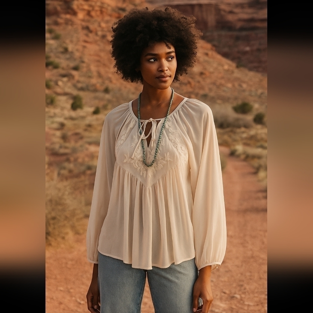 Sundance Womens Cream Sheer Balloon Sleeve Boho Cottagecore Peasant Top L